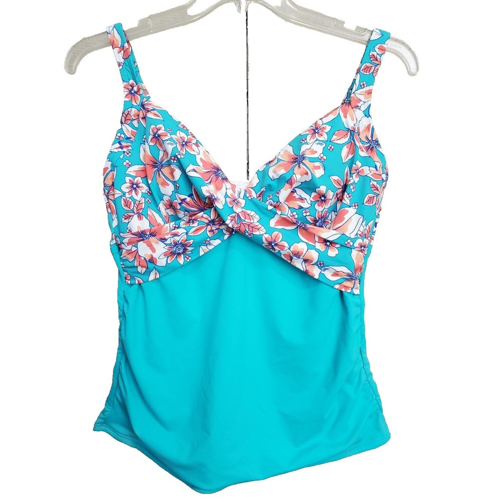 Lands' End Teal Floral Crossover Front Underwired Tankini Swim Top Size 12P